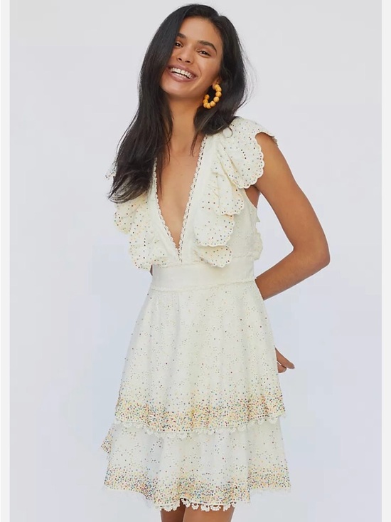 FARM Rio Dresses & Skirts - FARM Rio Ivory Eyelet Ruffle V-Neck Dress with Multicolor Beaded Dots